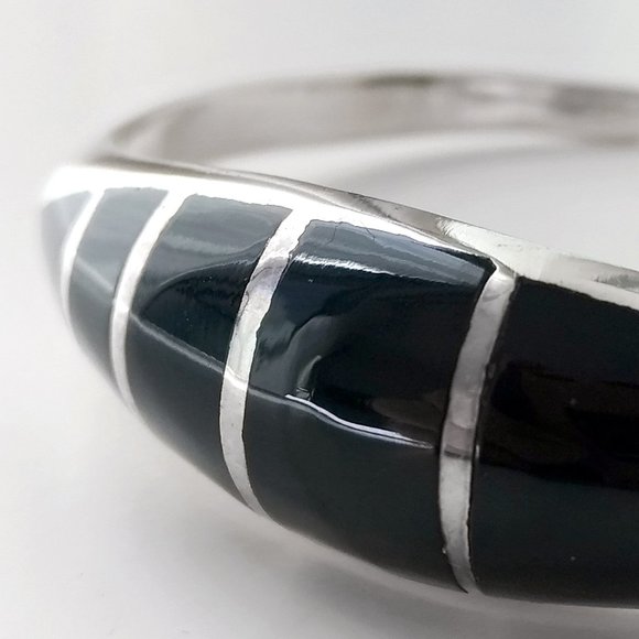 Heavy Sterling Silver Bangle Bracelet Black with Enamel Inlay for a Small Wrist - Picture 2 of 7